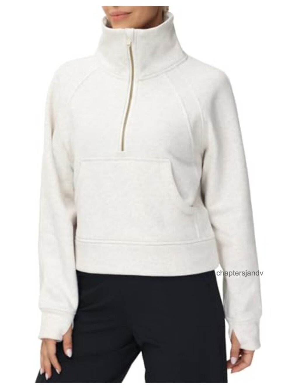 Women's Fleece Half Zip Crop Sweatshirt Kangaroo Pocket Thumbhole